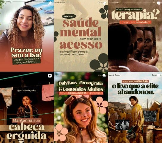 Mosaico do feed da Isabella Godoy: paleta terrosa com flores como ornamento.
