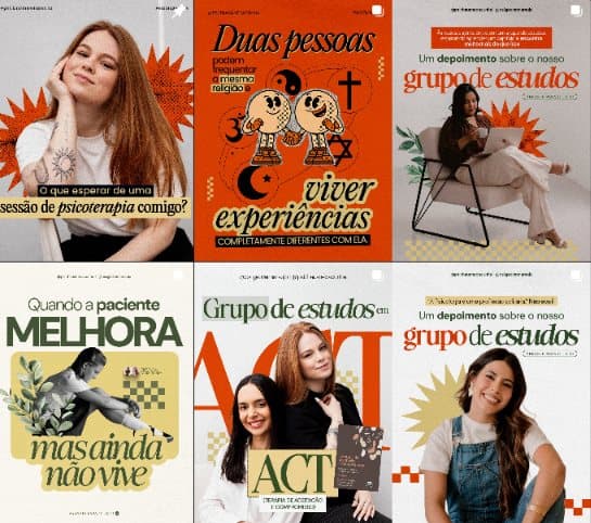 Mosaico do feed da Thauane da Cunha: paleta laranja com ilustrações retrô.